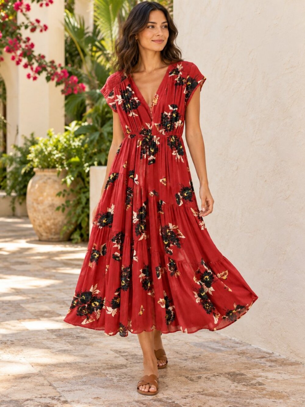 Red Floral Deep V-Neck Tiered Dress Cap Sleeve Boho S